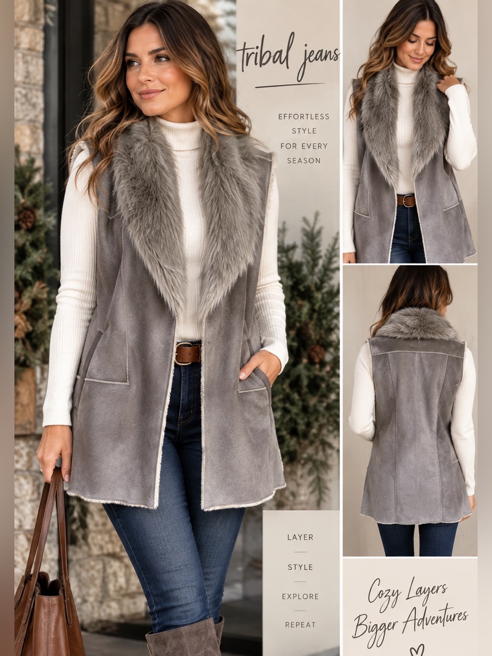 Tribal Jeans Faux Shearling Fur Collar Longline Vest Gray L Boho Western